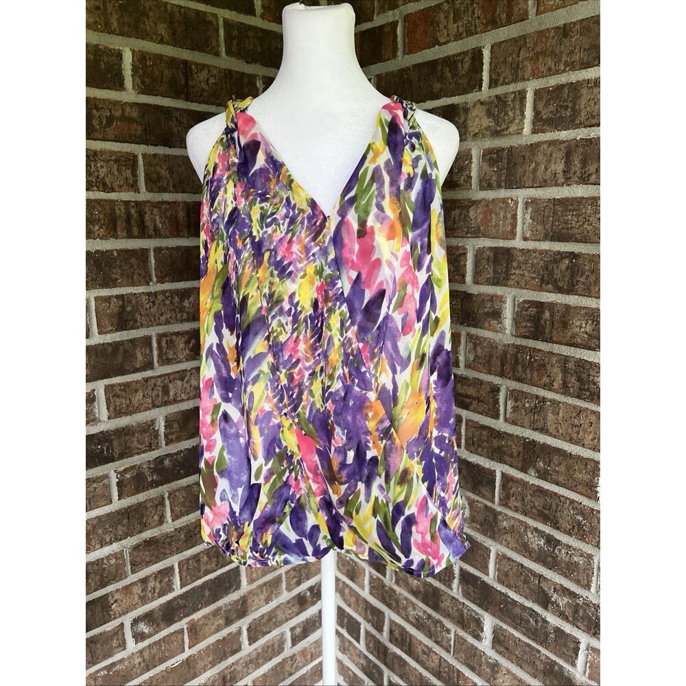 CAbi Petals Watercolor Floral Faux-Wrap Blouse Tank Top Size Small Semi-Sheer
